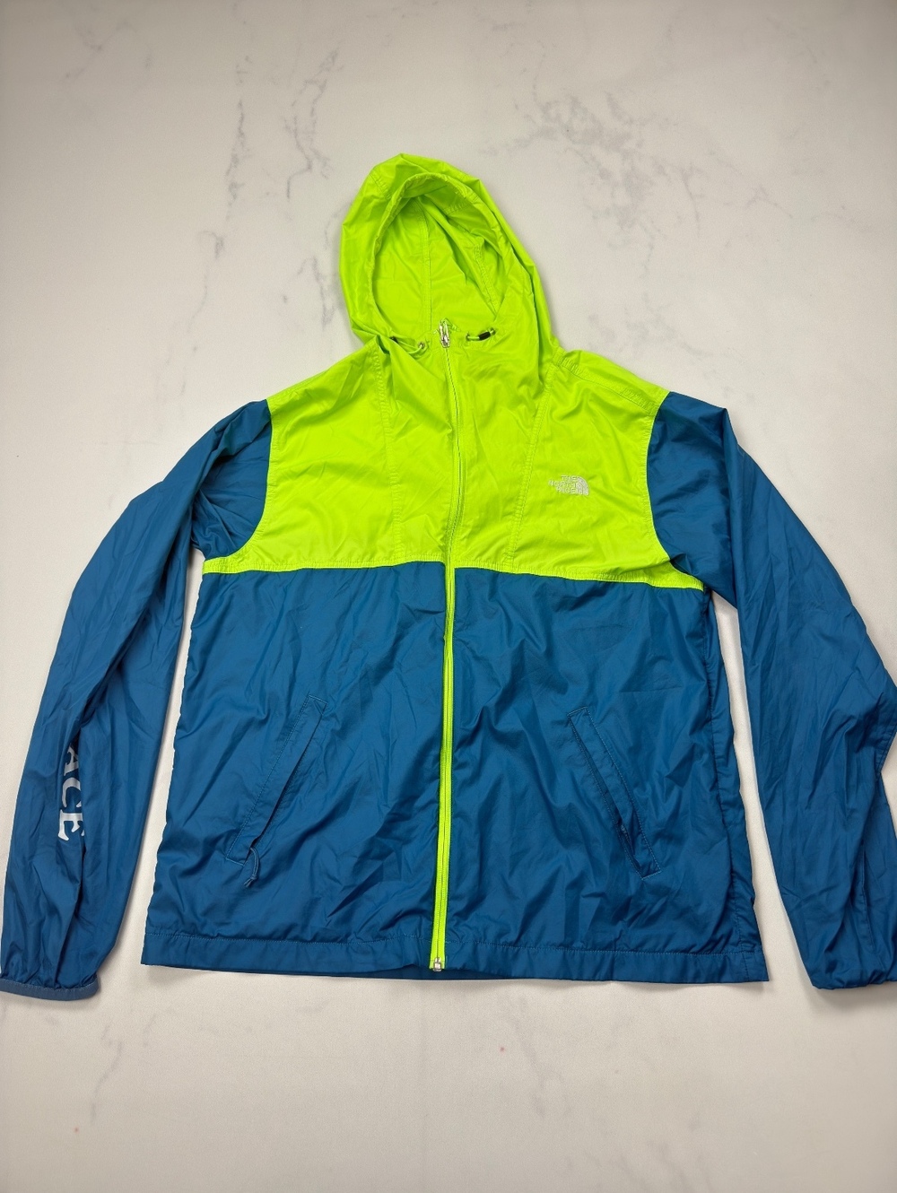 The North Face Colorblock Windbreaker Jacket Neon Blue 2010s Sporty - Mens M